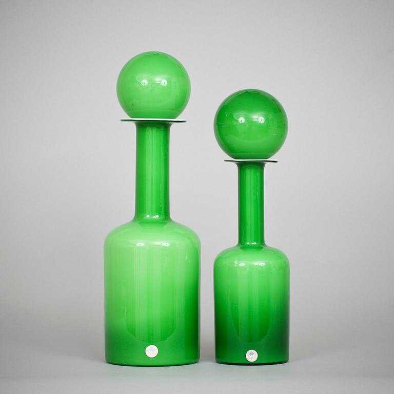 KARAFFER MED PROPP, 2 st, glas, Holmegaard, Danmark, etikettmärkt, 1900-talets andra hälft.