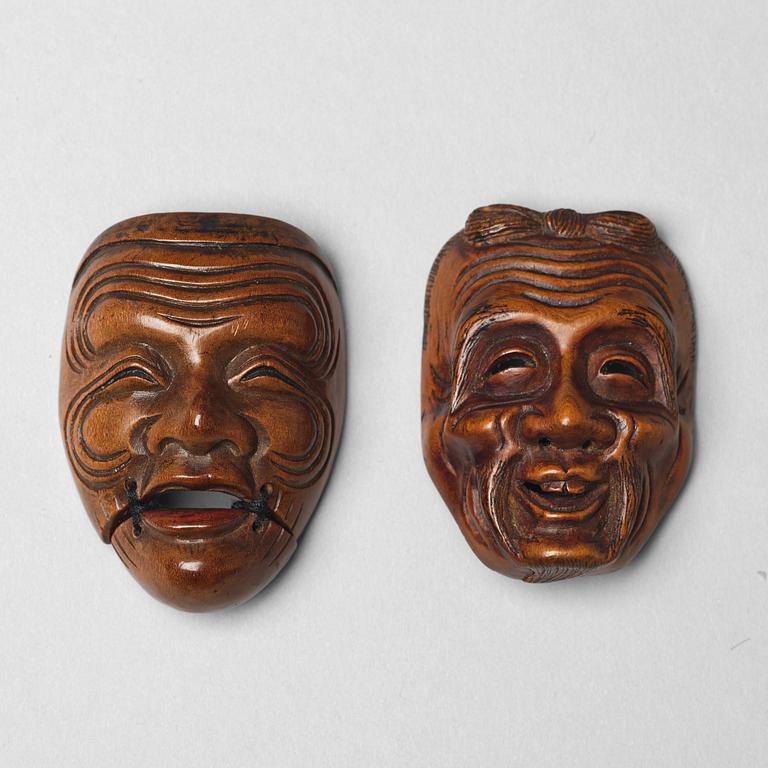 Two Japanese Netsuke masks, Meiji period (1868-1912).