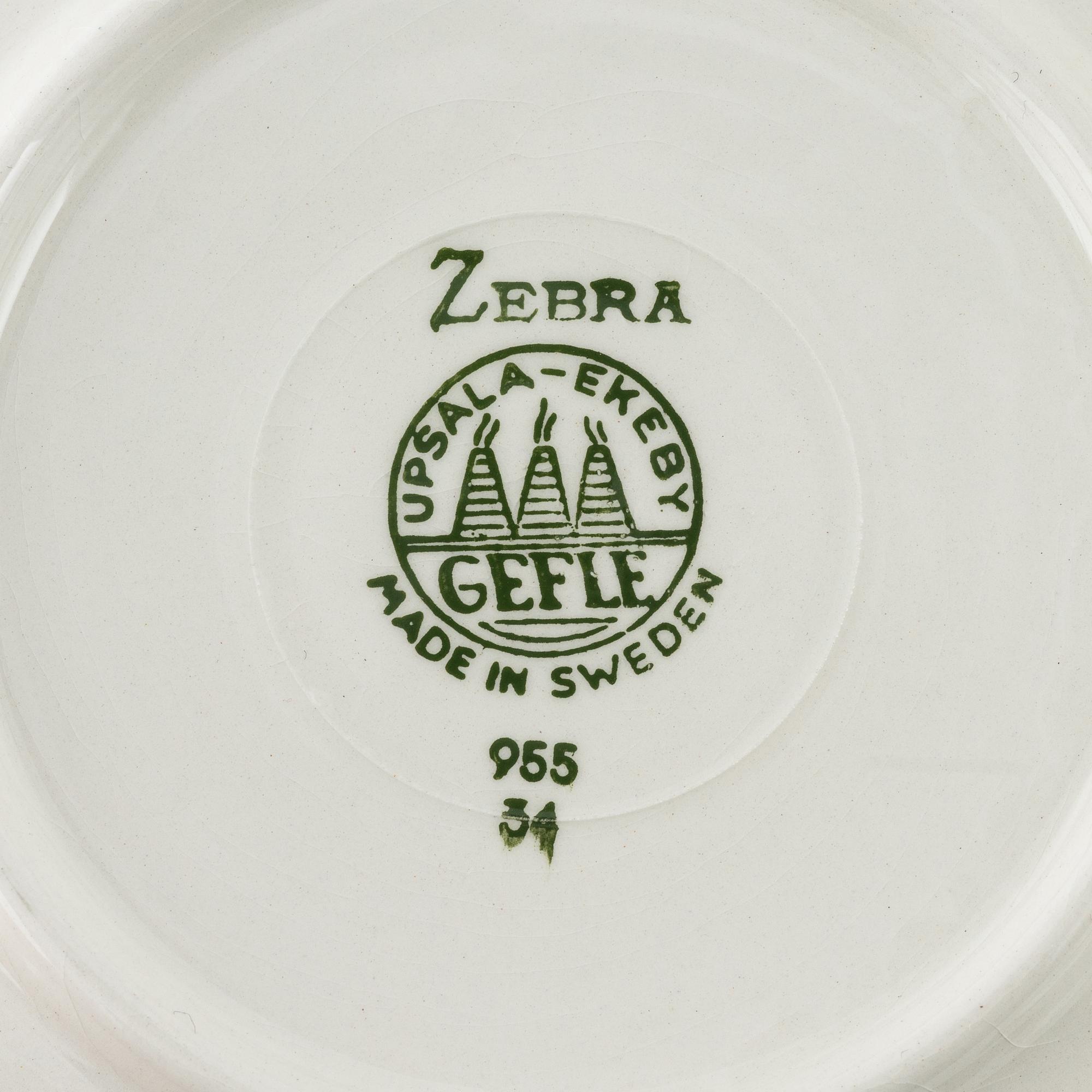 Eugen Trost, tekoppar med fat, 6 st, flintgods, "Zebra", Gefle.