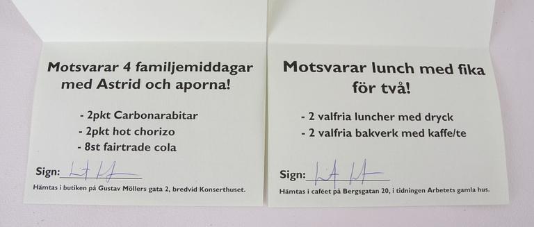 PRESENTKORT på familjemiddag resp lunch för 2 på Astrid och aporna, Malmö. Säljes till förmån för Röda Korset.