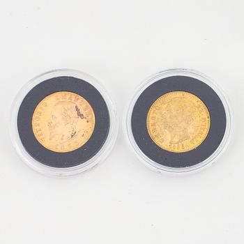 Two Italian 20 Lire gold coins, 1863 & 1888.