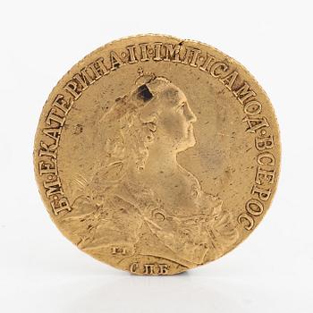 A Catherine II gold coin, 10 Roubles, Russia 1766.