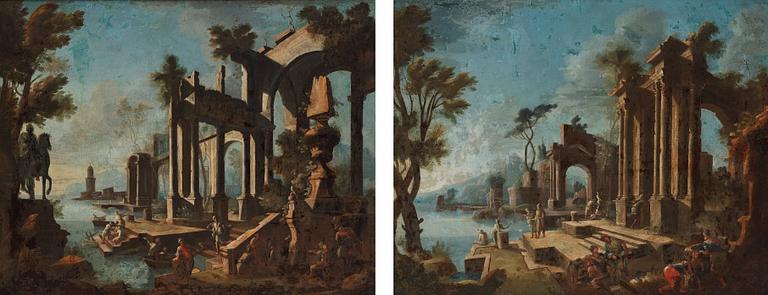 Italian school 17th/18th Century. Ruins by a harbour, a pair.