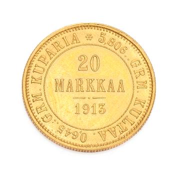 A gold coin, 20 marks, Finland 1913.