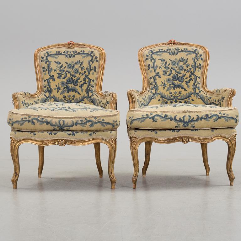 A Rococo 18th century bergere. One later, very similar, bergere included.