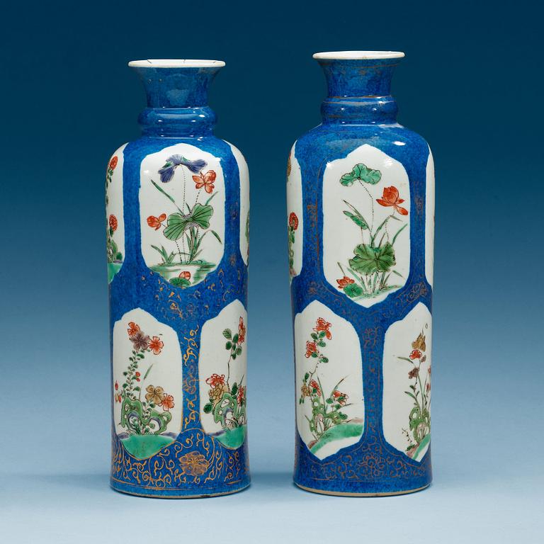 A matched pair of powder blue vases with 'famille-verte' enamels, Qing dynasty, Kangxi (1622-1722).