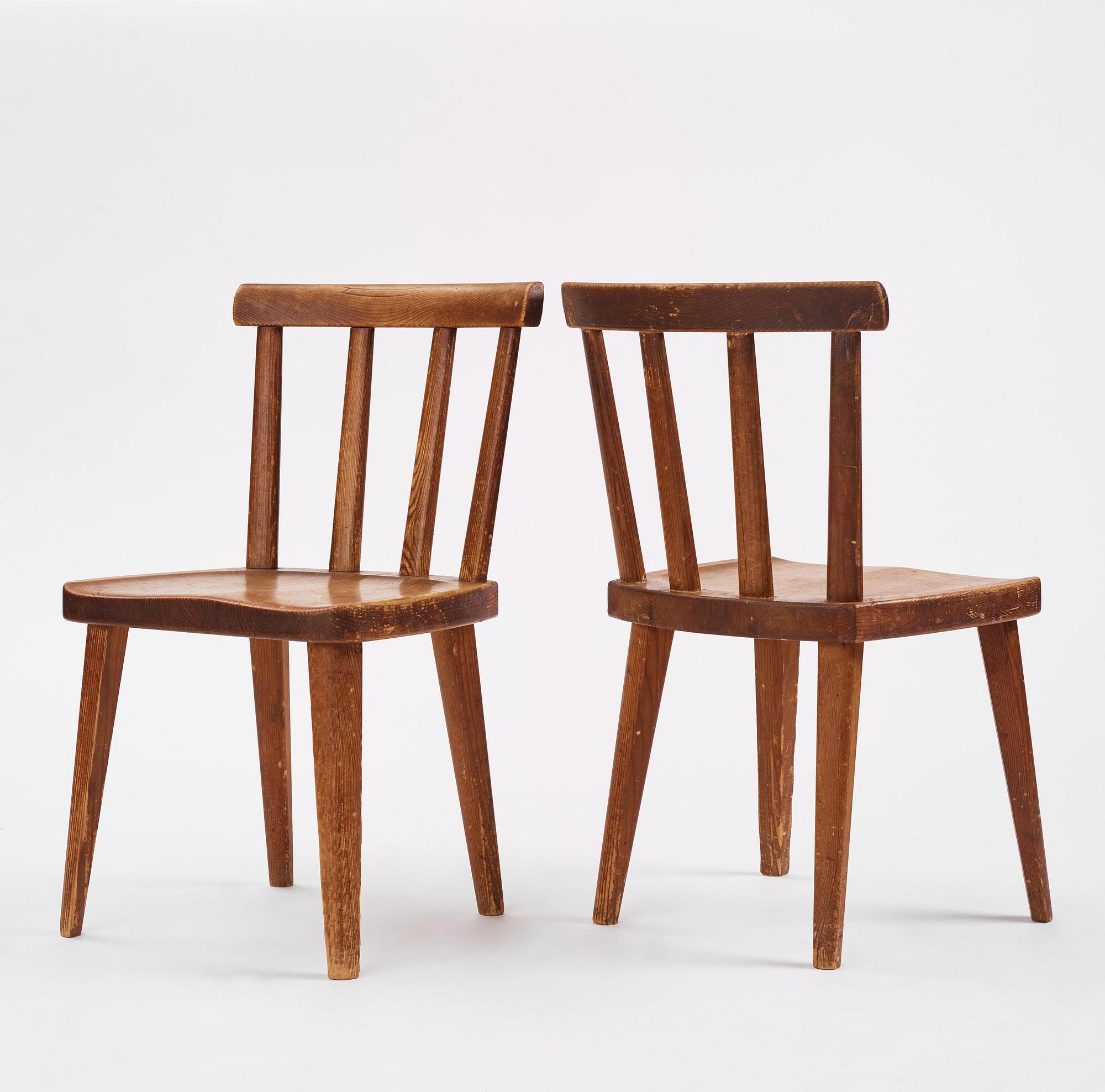 Axel Einar Hjorth, a set of six stained pine "Utö" chairs, Nordiska Kompaniet, Sweden, 1930s.