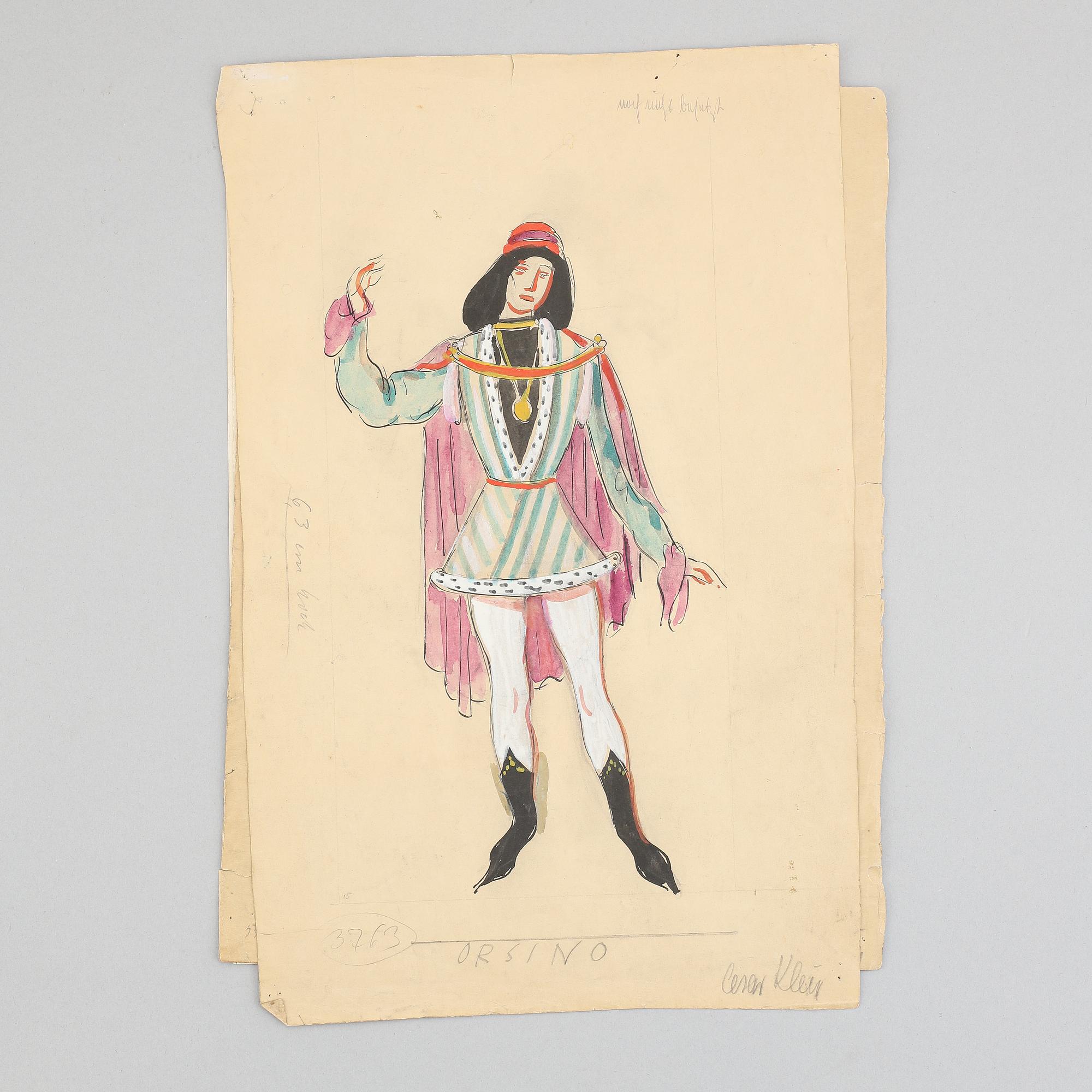 Seven costume sketches by César klein from Shakespears Twelfth Night, signed.