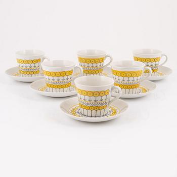 Berit Ternell, a set of six porcelain teacups with saucers, Upsala-Ekeby 1960-62.