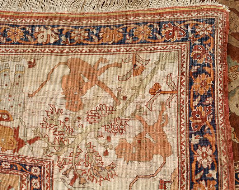 ANTIQUE SILK TABRIZ FIGURAL. 235 x 165 cm (as well as 1 cm stripe patterned flat woven edge at each end).