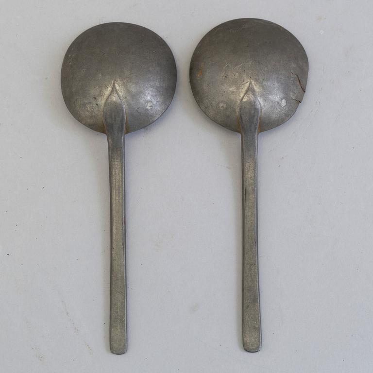 TWO PEWTER SPOONS, 18th century.