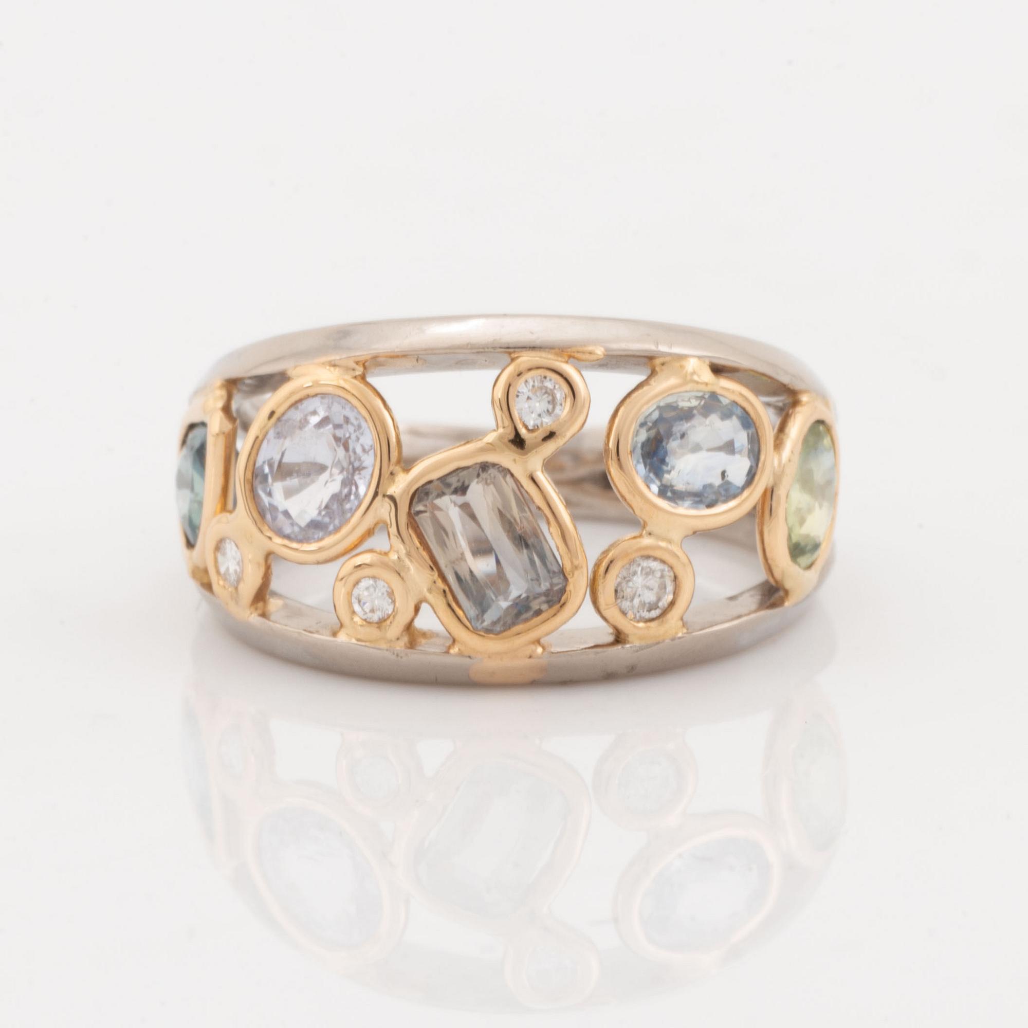 Multi colooured sapphire and brilliant cut diamond ring.