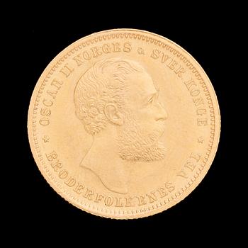 GULDMYNT, Sverige och Norge, 20 KRONER OSCAR II. 1875. Vikt ca 9 g.