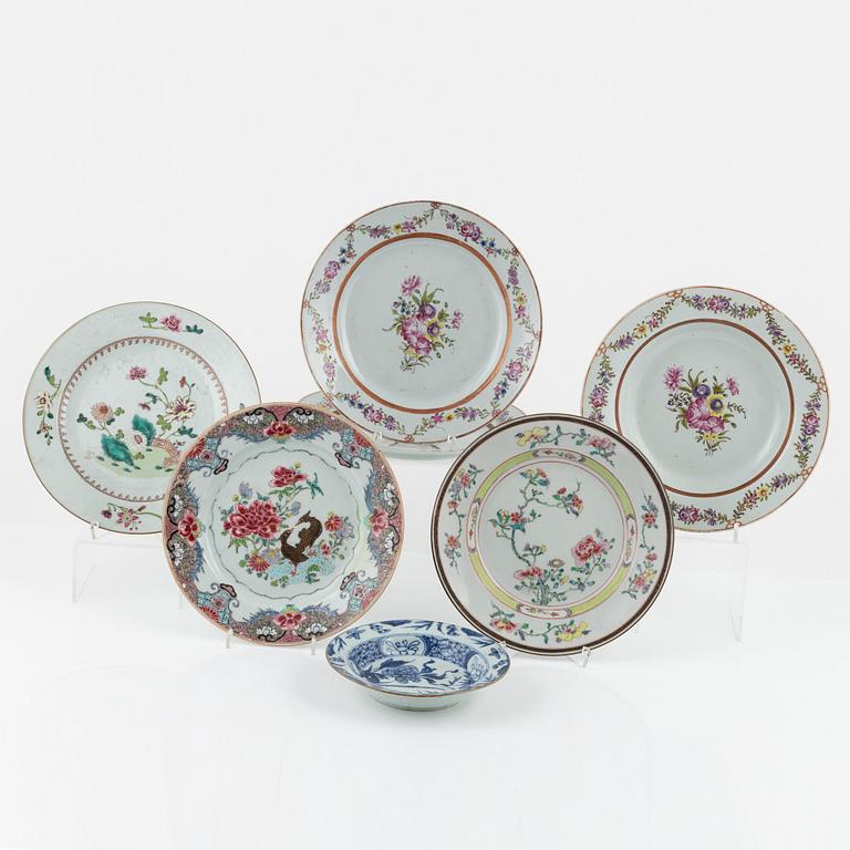 Six Famille Rose plates, and a blue and white dessert dish, China, 18th century.