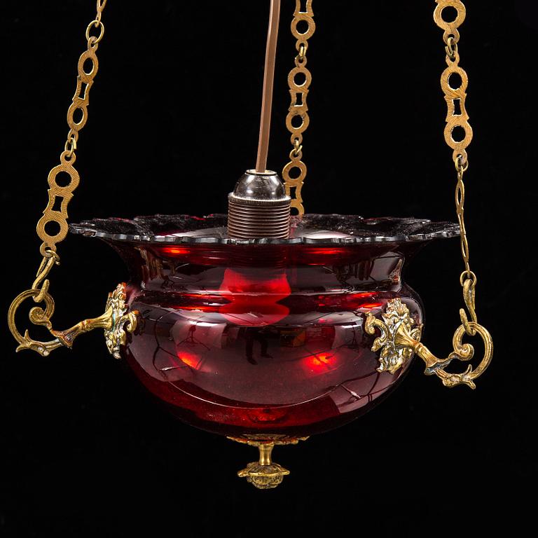 A red glass hanging lamp, second half of the 19th century.