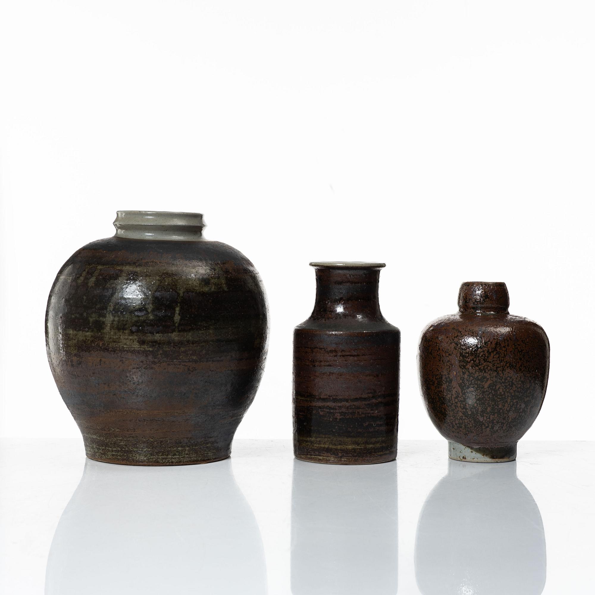 Carl-Harry Stålhane, three unique stoneware vases, Designhuset, Lidköping.