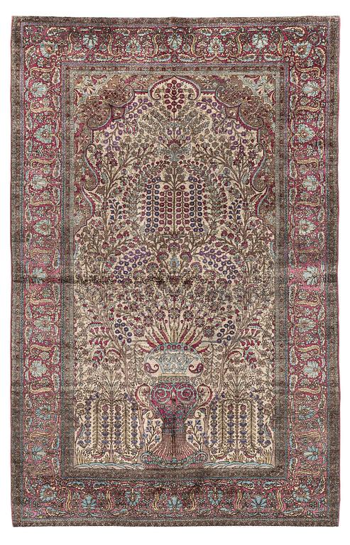 An antique silk Kashan 'Mohtasham' prayer rug, Central Persia (Iran), c. 209 x 135 cm.
