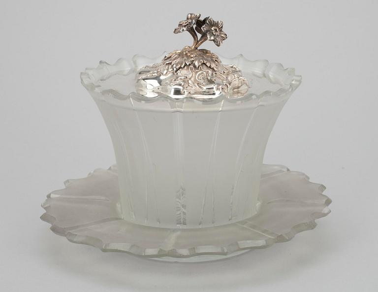 SERVERINGSSKÅL med LOCK, silver och glas, Sheffield England 1860.