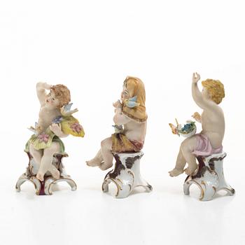 Figurines, 3 porcelain, Germany, Dresden-style mark, 19th/20th century.