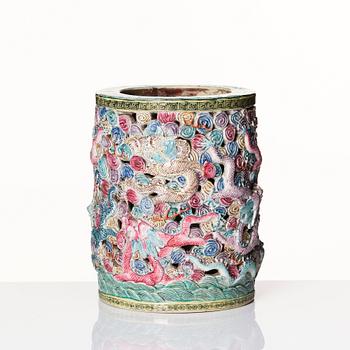 A famille rose 'nine dragon' brush pot, Qing dynasty, Qianlong (1736-95).