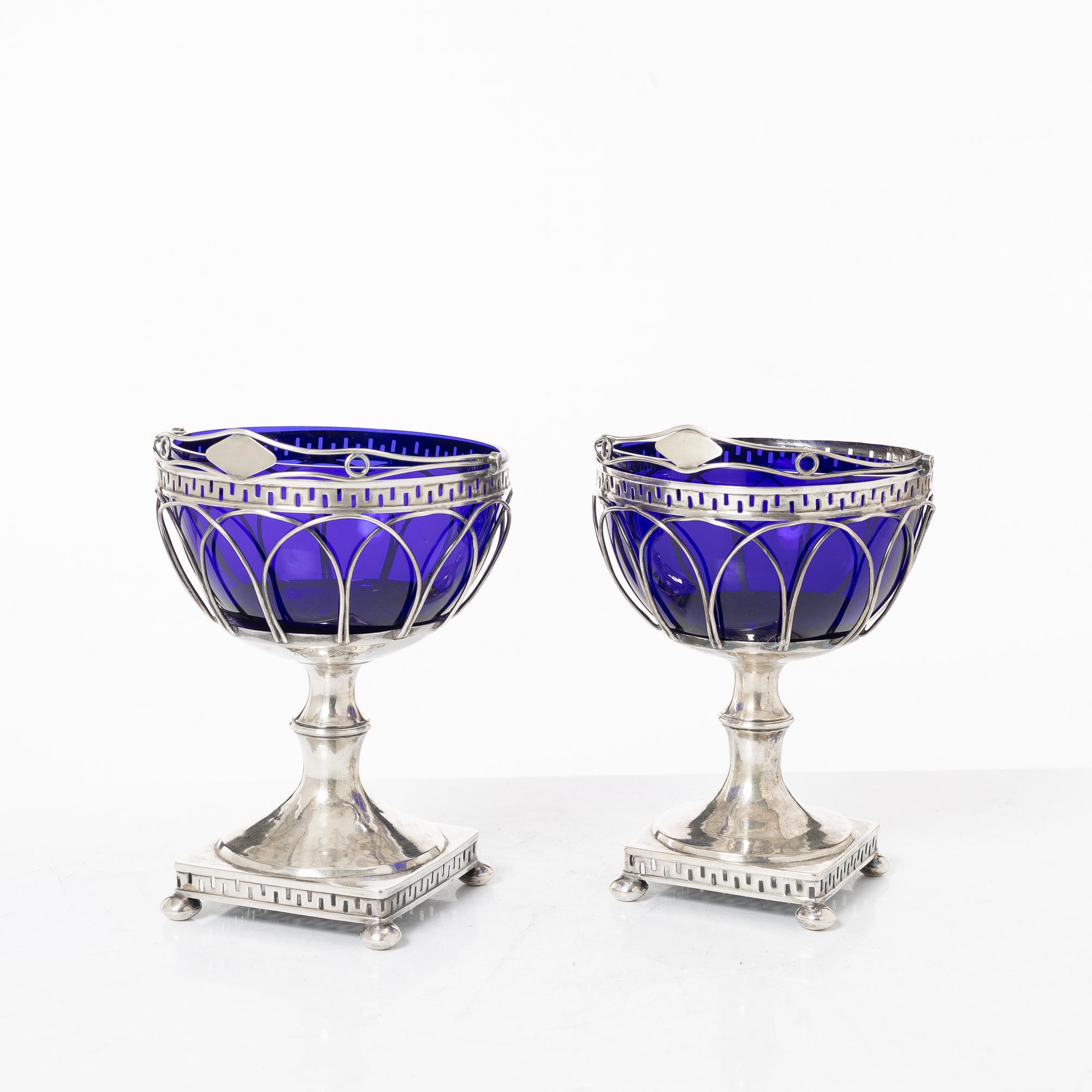 Fredrik Nymansson, a pair of confectionery bowls in silver and blue glass, Kristinehamn, Sweden, 1817.