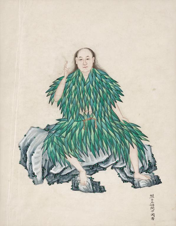 ALBUMBLAD, porträtt av den mytologiske Pan Gu, Qingdynastin, 1800-tal.