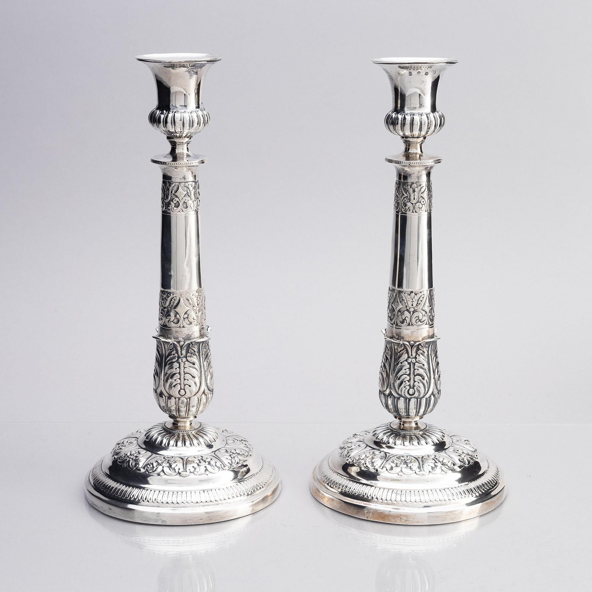 A pair of Danish 19th century silver candelabras, marks of Caspar Julius Wrom, Copenhagen 1834.