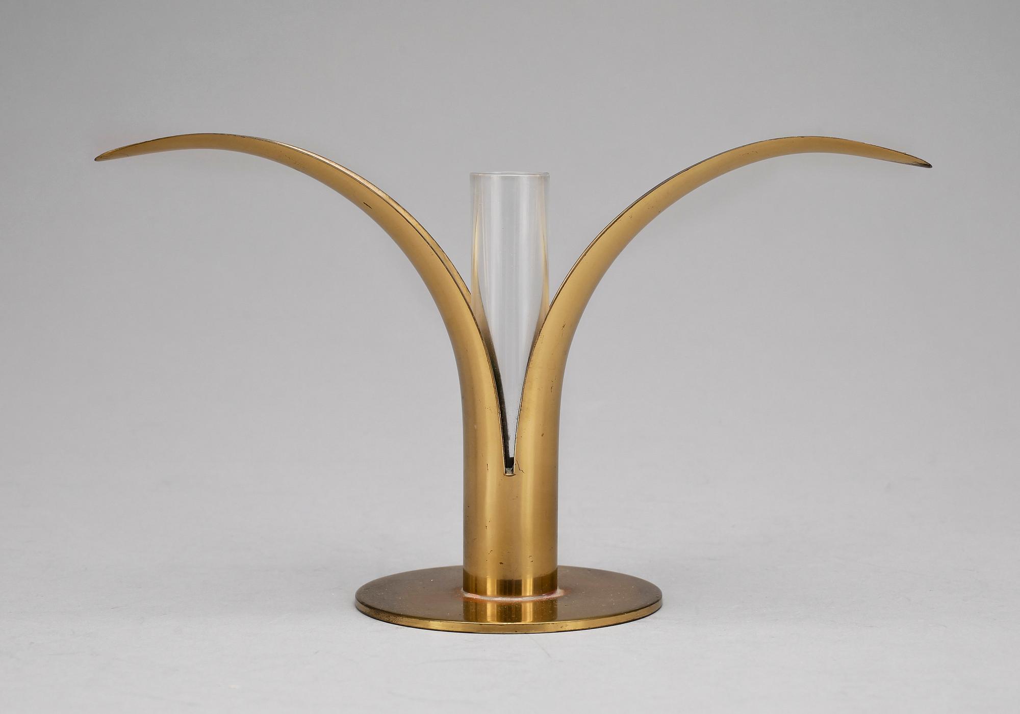 LJUSSTAKAR, 3 st, mässing, "Liljan", Ivar Ålenius-Björk, Ystad metall, 1900-talets mitt.