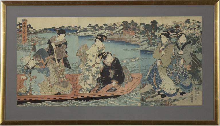 Utagawa Kunisada, a triptych woodblock print in colours, mid 19th Century.