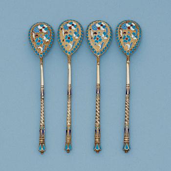 774. A set of four Russian silver-gilt and enamel coffee-spoons, unidentified makers mark, Moscow 1899-1908.