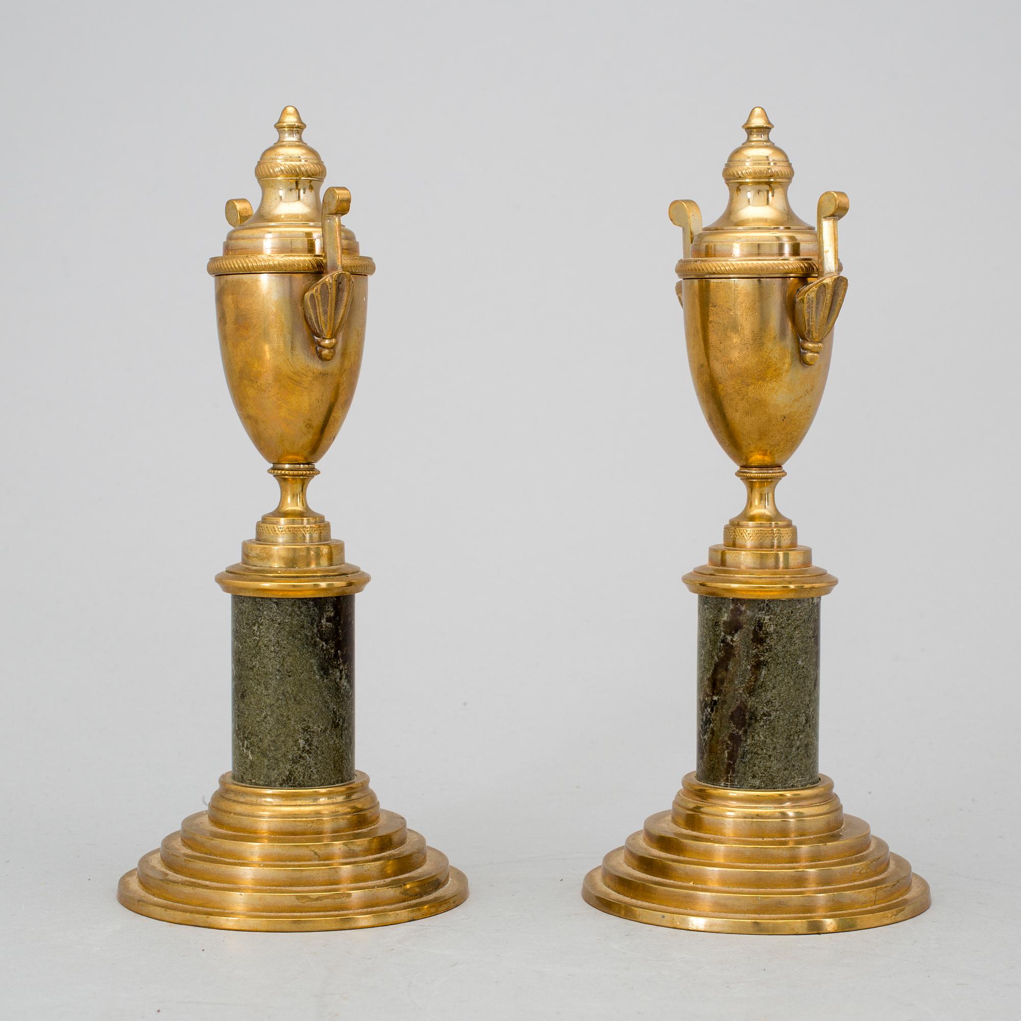 A pair of brass cassolettes No 110 Skultuna early 20th century.