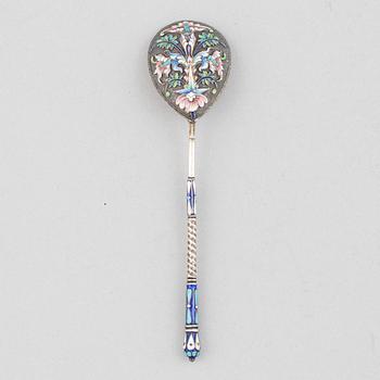 A Russian silver and enamel spoon, Moscow, 1908-26.