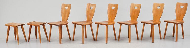 STOLAR samt PALLAR, 8 delar, "Sörgården", Carl Malmsten, formgiven 1963.