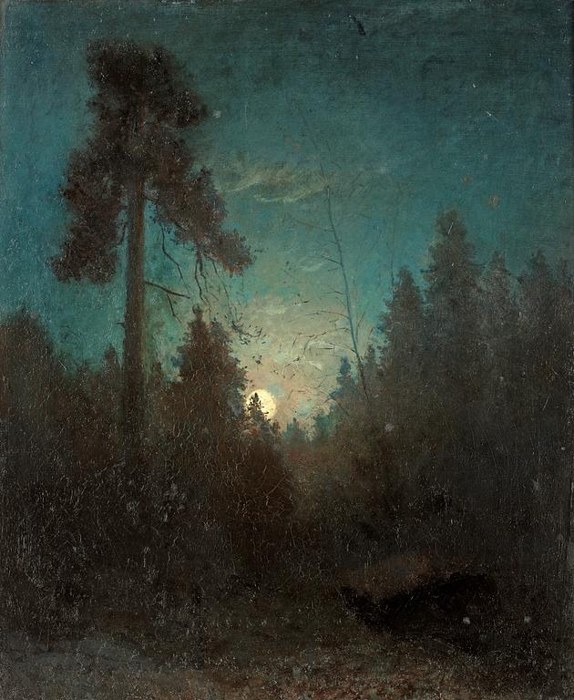 Carl Fredrik Hill, "Månsken med uppskjutande tall" (Tall pine and rising moon).