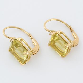 A pair of praseolite quartz and brilliant cut diamond earrings.