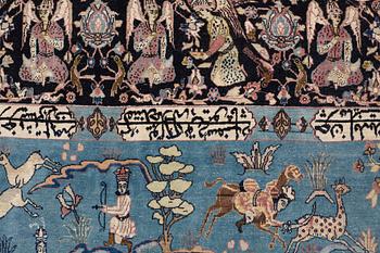 A CARPET, an antique/semi-antique Tabriz part silk figural, ca 345-346 x 217,5-232 cm.