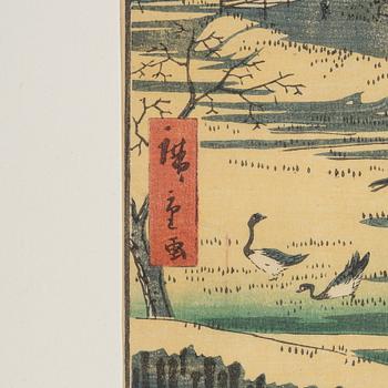 Ando Utagawa Hiroshige, träsnitt, 'Descending Geese at Shirahige'.