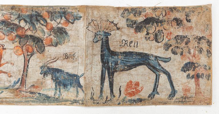 Bonadsmålning, Sverige, troligen Småland omkring 1800, Jaktscener med djur.