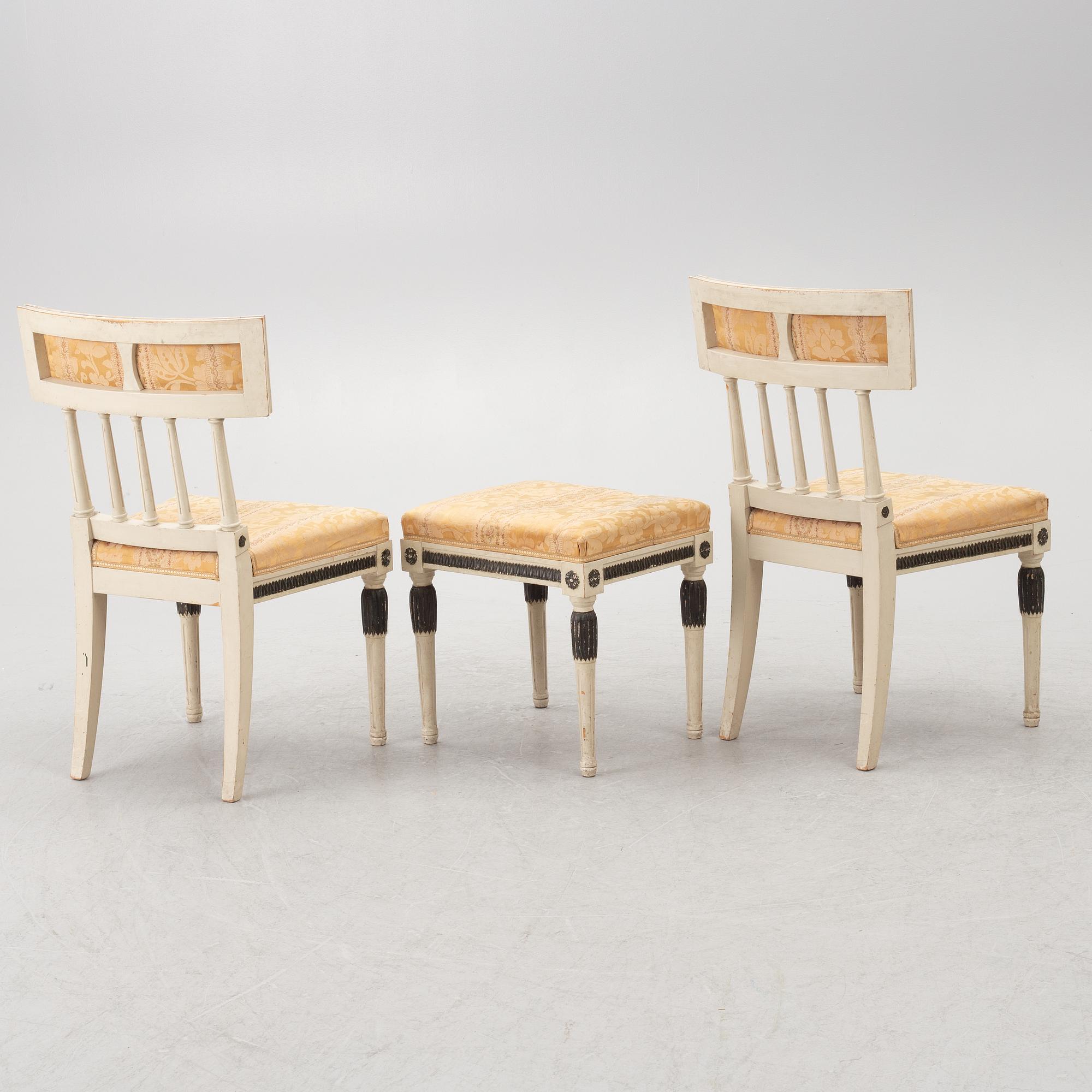 A pair  chairs and a stool, late-gustaivan style, J.O. Nyström Möbleringsaffär, Sweden, 20th century.