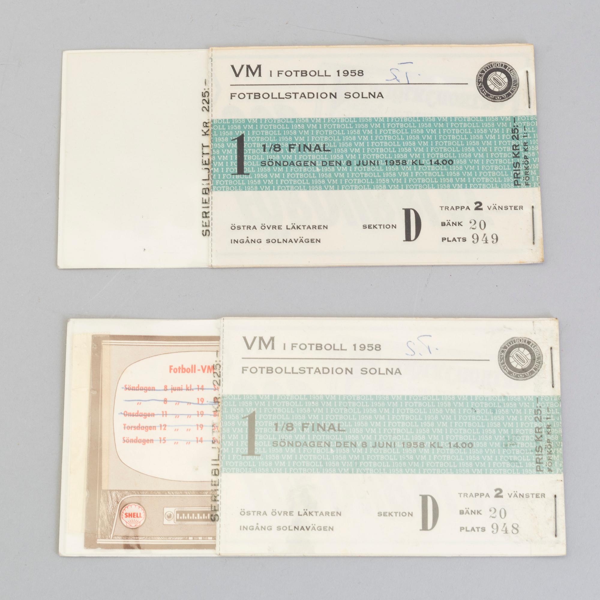 Officiellt VM program, final 1958, Sverige-Brasilien, 29 juni kl.15.00, medföljer 2 matchhäften och tre lösa biljetter.