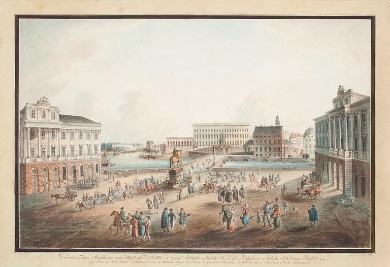 Johan Fredrik Martin, "Norrmalms Torg i Stockholm med Utsigt af K Slottet, K. Gustaf Adolphs Statüe, H.K.H. Prinsessans Palais och Opera Huset.