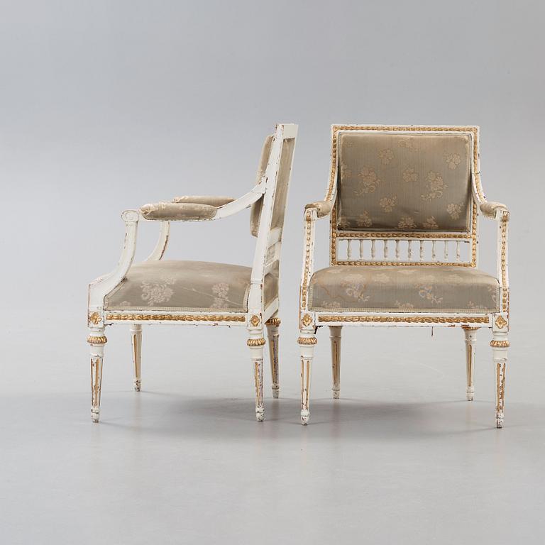 A pair of Gustavian late 18th century armchairs by Johan Lindgren, master 1770.