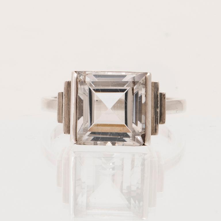 A silver ring set with a step-cut rock quartz crystal by Wiwen Nilsson Lund 1939.