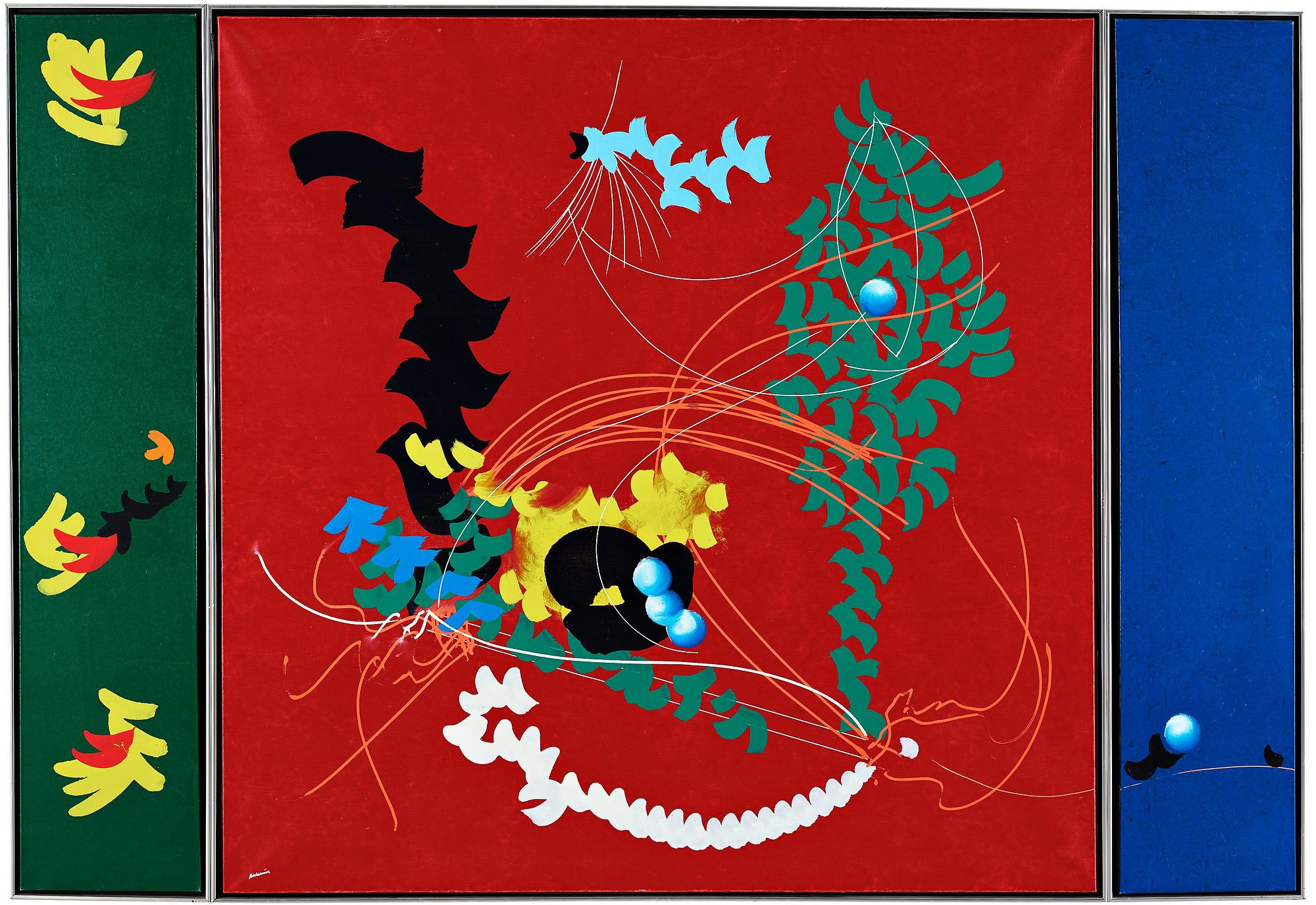 CARL FREDRIK REUTERSWÄRD, triptych, enamel on canvas, signed Reuterswärd, dated 1982 on verso.