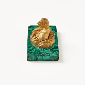 A Russian Nicholas II malachite-veneered and gilt-bronze paperweight, late 19th century.