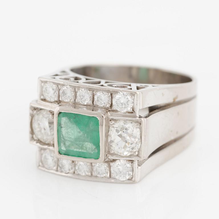 Ring, Hellström & Åhrling. 18K white gold with an emerald and old-cut and brilliant-cut diamonds.