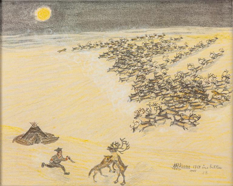 Nils Nilsson Skum, Reindeer on the mountain with a wolf attacking a reindeer.