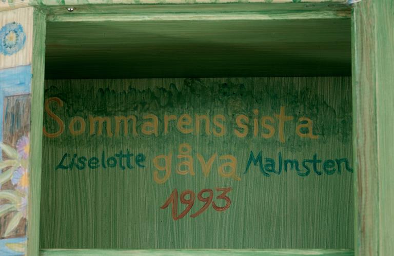 A Carl Malmsten wallhanging cabinet, 'Pluntan', decorated by Liselotte Malmsten.