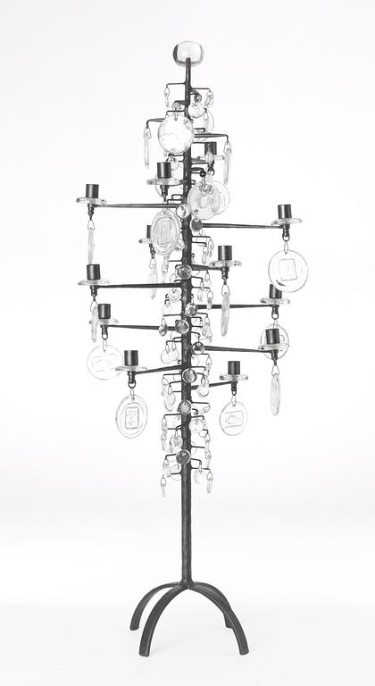 An Erik Höglund  floor candelabrum för 12 candles, iron and glassprisms, Boda Glasbruk & Smide, 1970's.