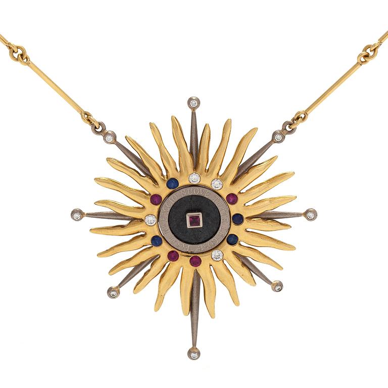 Pendant, faceted sapphires, rubies and diamonds, iron ore, 18K gold and white gold.